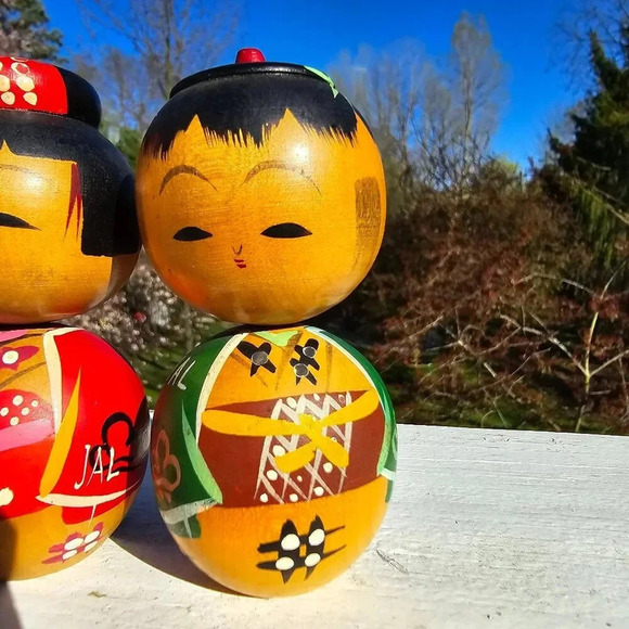 VTG Japanese Bobble Heads KOKESHI Wood Dolls Toys Hand Painted Kimono Craft - Picture 5 of 14